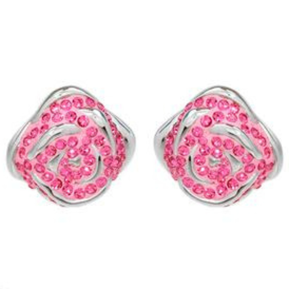DESIGNER ROMANTIC ROSE PINK CRYSTALS SOLID .925 STERLING SILVER EARRINGS**NEW! - Picture 1 of 4